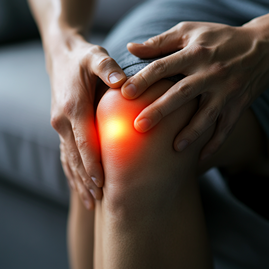 Gros plan sur un genou souffrant d’arthrose ou d’arthrite, avec une lueur rouge signalant l’inflammation. Les mains de la personne entourent l’articulation, illustrant la douleur et la raideur articulaire.