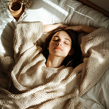 Femme profondément endormie sur un lit, les bras détendus au-dessus de sa tête, enveloppée dans un pull en laine texturé. La lumière douce du matin filtre à travers la fenêtre, créant une atmosphère paisible et relaxante.