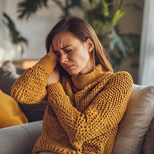 Femme souffrant de douleurs cervicales, assise sur un canapé beige, portant un pull en maille jaune, avec une expression de gêne et d’inconfort. Une ambiance chaleureuse mais contrastée par la douleur ressentie.