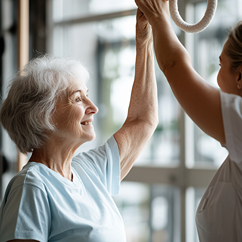 Une femme âgée aux cheveux gris, souriante, effectue un exercice de rééducation assistée par une thérapeute dans un centre médical lumineux, illustrant l'importance du soutien dans la gestion de la maladie de Parkinson.